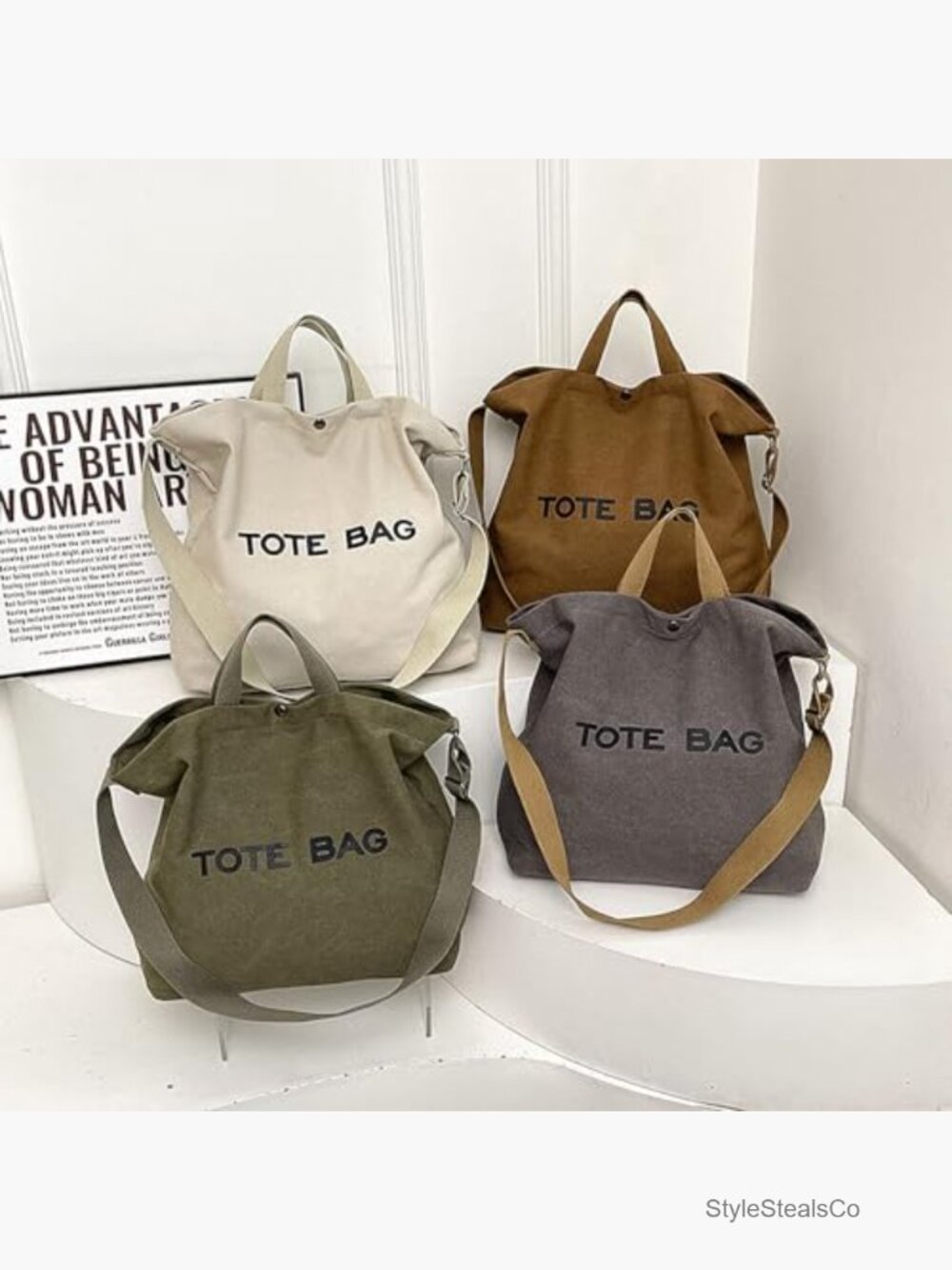 Canvas Tote Bag Large Capacity Crossbody Shoulder Bag with Pockets - Picture 2 of 7